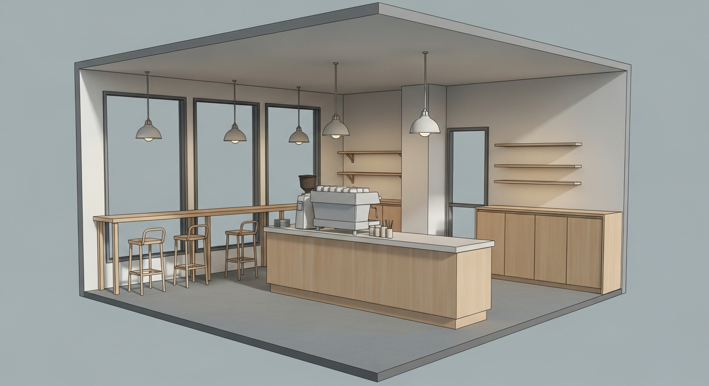 3D concept render of a commercial coffee shop buildout generated in BuildoutIQ